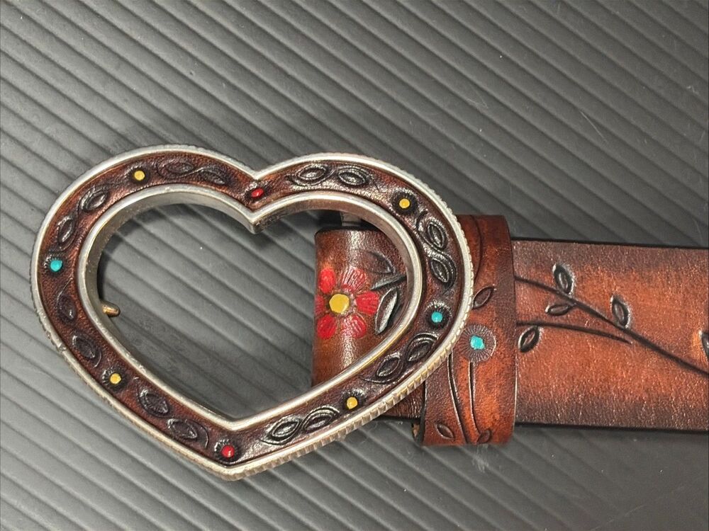 Brighton Leather Belt Womens Small 28 Brown Embossed Flower Heart Buckle Western
